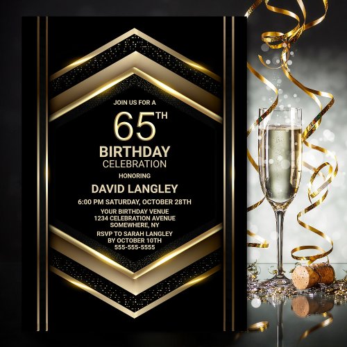 Modern Black Gold 65th Birthday Party Invitation