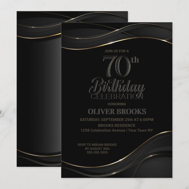 Modern Black Gold 70th Birthday Party Invitation (Front/Back)