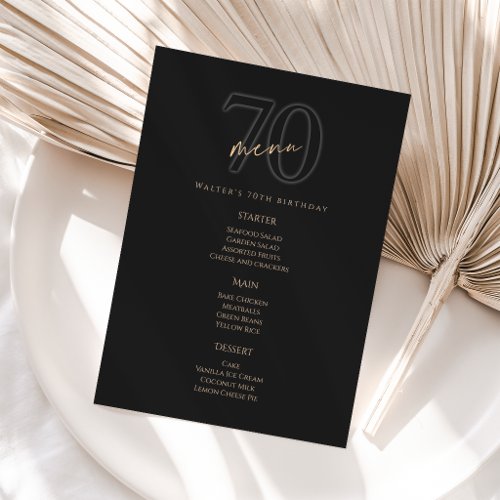 Modern Black Gold 70th Birthday Party Menu Card
