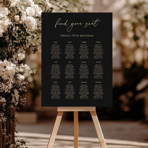 Modern Black Gold 70th Birthday Seating Chart Foam Board