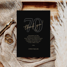 Modern Black Gold 70th Birthday Thank You Card