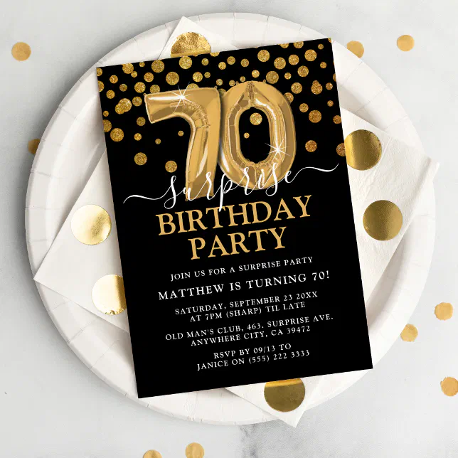 Modern Black & Gold 70th Surprise Birthday Party Invitation 