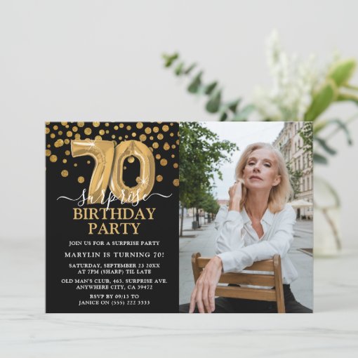 Modern Black & Gold 70th Surprise Birthday Photo Invitation | Zazzle