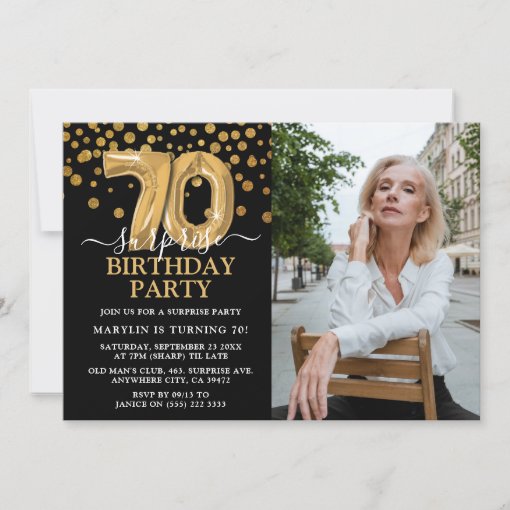 Modern Black & Gold 70th Surprise Birthday Photo Invitation | Zazzle