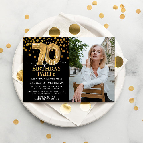 Modern Black & Gold 70th Surprise Birthday Photo