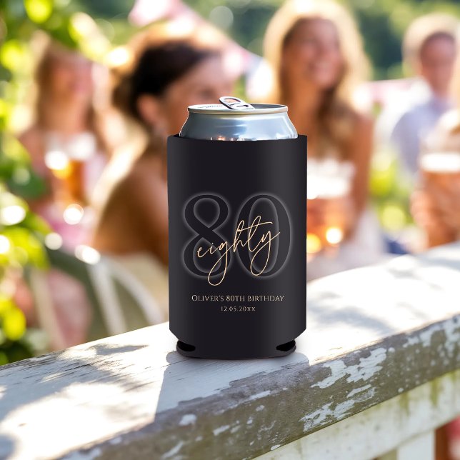 Modern Black Gold 80th Birthday Party Can Cooler (Modern Black Gold 80th Birthday Party Can Cooler)