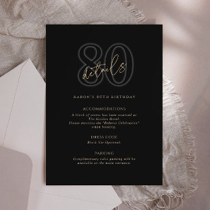 Modern Black Gold 80th Birthday Party Details Card