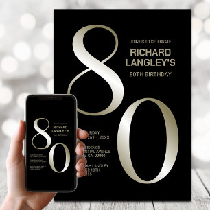 Modern Black Gold 80th Birthday Party Invitation