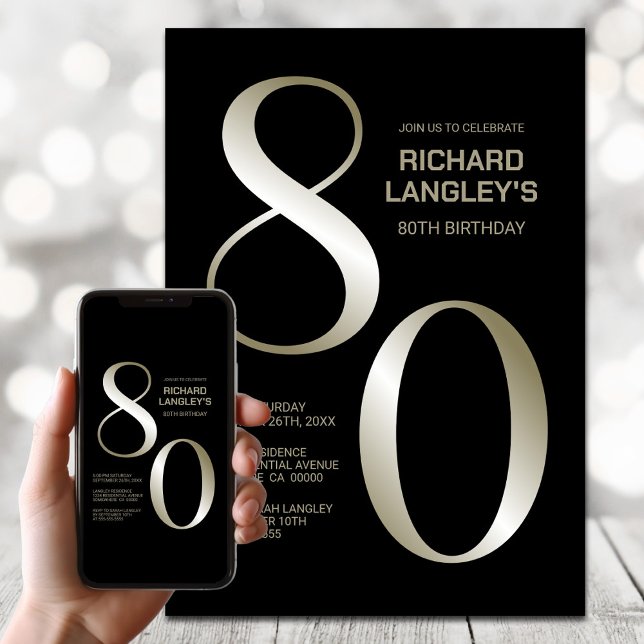 Modern Black Gold 80th Birthday Party Invitation (Creator Uploaded)
