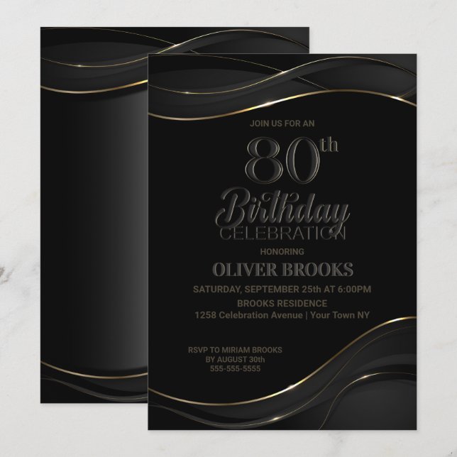 Modern Black Gold 80th Birthday Party Invitation (Front/Back)