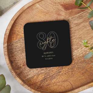 Modern Black Gold 80th Birthday Party Square Pape Paper Coaster