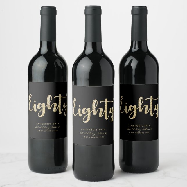Modern Black & Gold 80th Birthday Personalized Wine Label (Bottles)