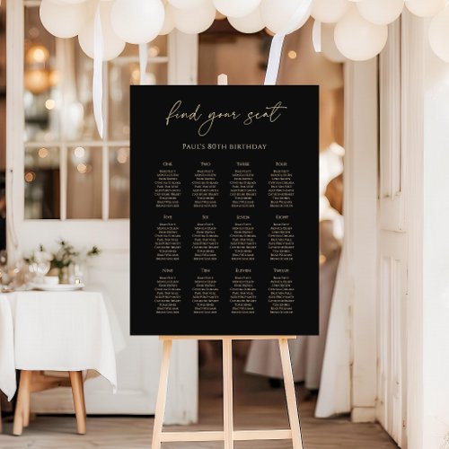 Modern Black Gold 80th Birthday Seating Chart Foam Board