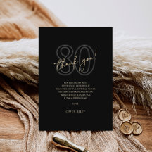 Modern Black Gold 80th Birthday Thank You Card