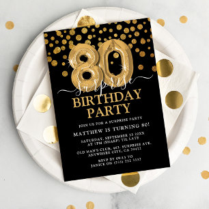 Modern Black & Gold 80th Surprise Birthday Party Invitation
