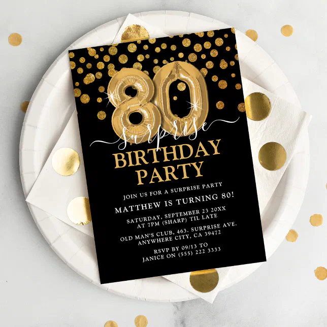 Modern Black & Gold 80th Surprise Birthday Party Invitation | Zazzle