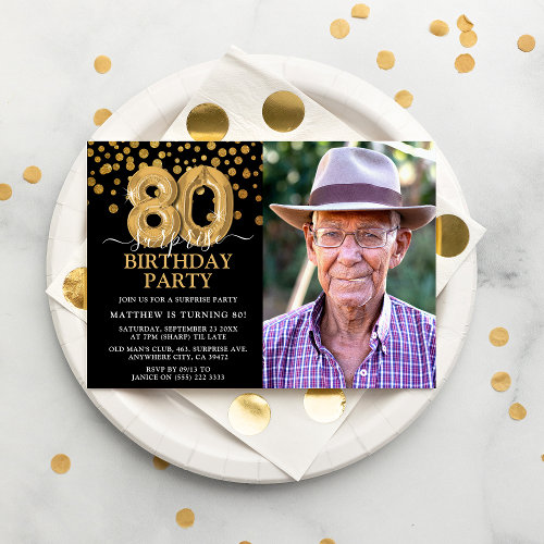 Modern Black & Gold 80th Surprise Birthday Photo