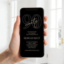 Modern Black Gold 90th Birthday Mobile Invite