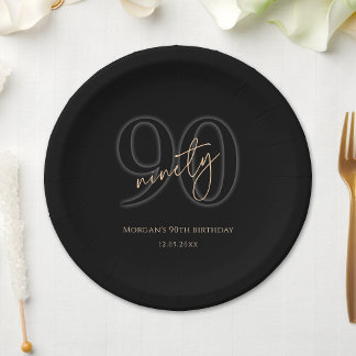 Modern Black Gold 90th Birthday Party Paper Plates