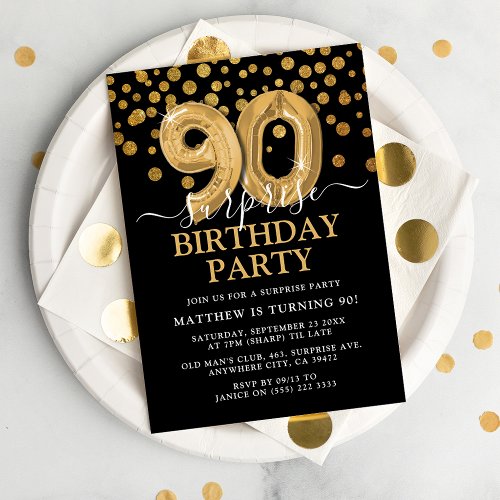 Modern Black  Gold 90th Surprise Birthday Party Invitation