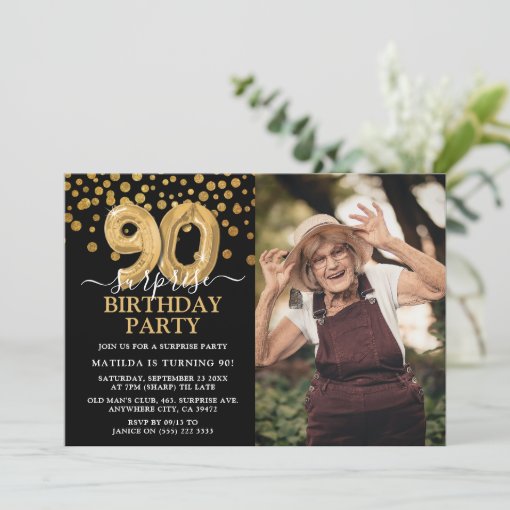 Modern Black & Gold 90th Surprise Birthday Photo Invitation | Zazzle