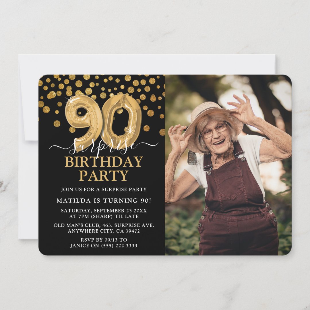 Modern Black & Gold 90th Surprise Birthday Photo Invitation | Zazzle