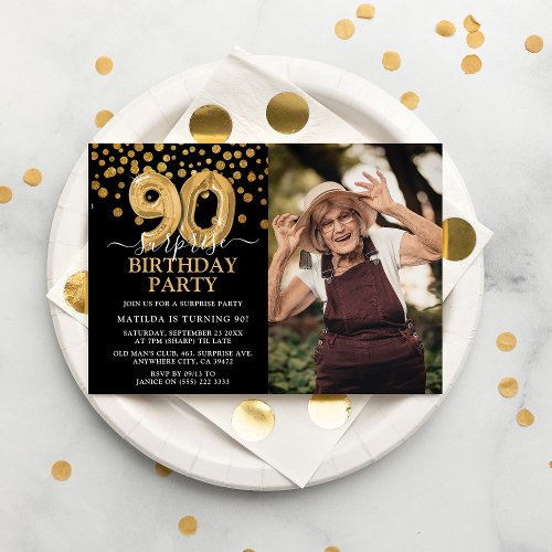 Modern Black  Gold 90th Surprise Birthday Photo Invitation