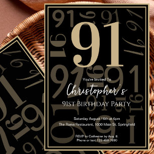 Modern Black Gold 91st Birthday Invitation For Him