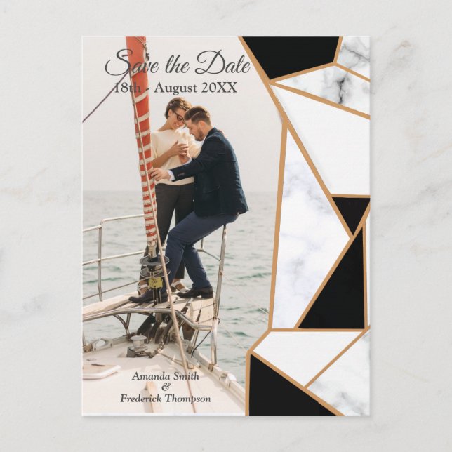 Modern Black Gold Abstract on White Marble Announcement Postcard (Front)