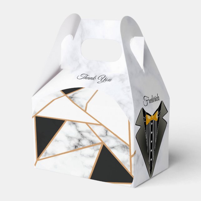 Modern Black Gold Abstract on White Marble Favor Boxes (Front Side)