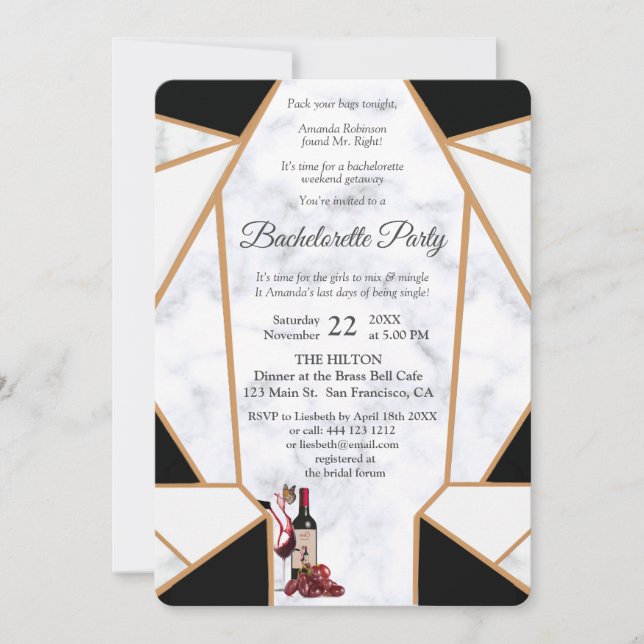 Modern Black Gold Abstract on White Marble Invitation (Front)