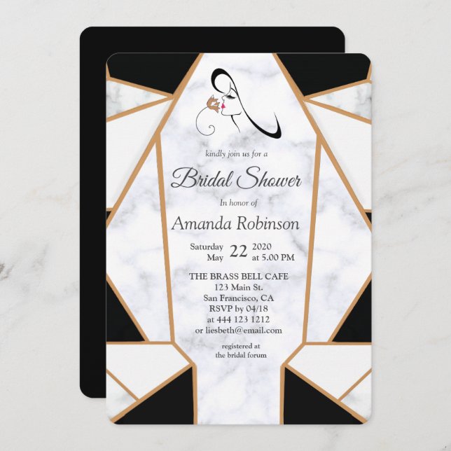 Modern Black Gold Abstract on White Marble Invitation (Front/Back)