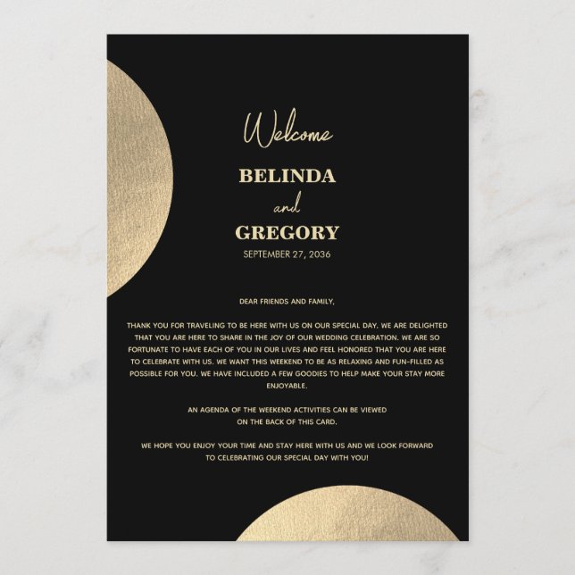 Modern Black & Gold Abstract Wedding Itinerary Program (Front)