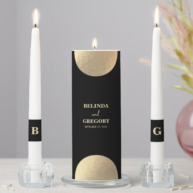 Modern Black & Gold Abstract Wedding Monogram Unity Candle Set (In Situ)
