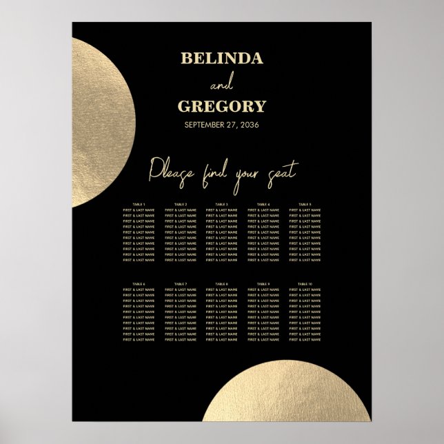 Modern Black & Gold Abstract Wedding Seating Chart (Front)