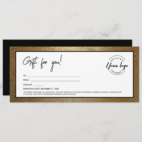 Modern Black Gold Add Logo Gift Certificate Invitation