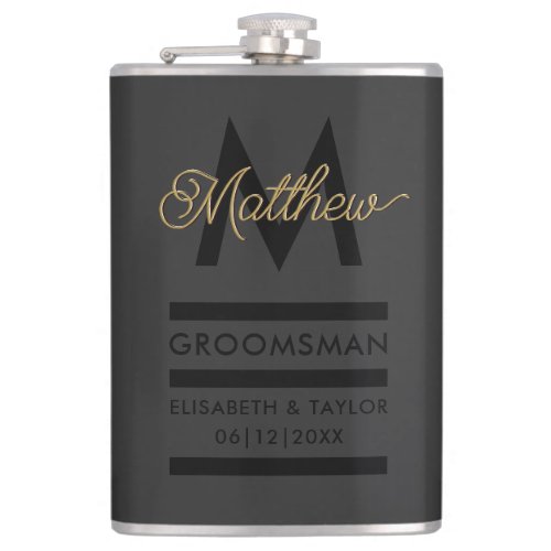 Modern Black  Gold Add Name  Monogram Groomsmans Flask