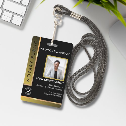 Modern Black  Gold Add QR Notary Photo ID Badge