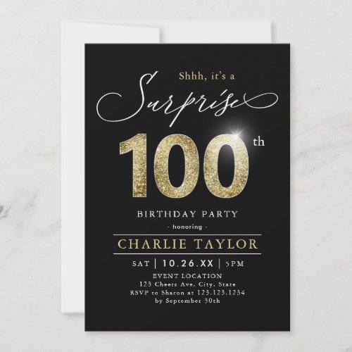 Modern black  gold adult surprise 100th birthday  invitation
