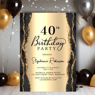 Modern Black Gold Agate 40th Birthday Invitation