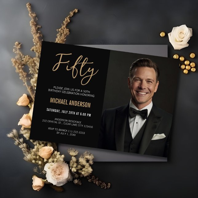 Modern Black Gold Agate 50th Birthday Photo      Invitation (Creator Uploaded)