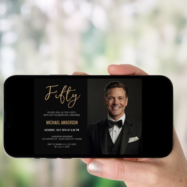Modern Black Gold Agate 50th Birthday Photo      Invitation (Front Digital)