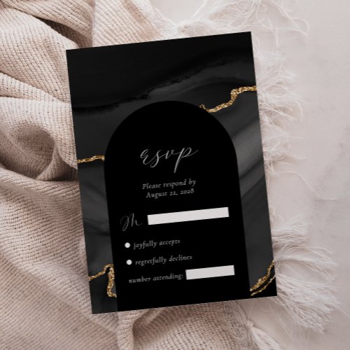 Modern Black Gold Agate Arch Wedding RSVP Card