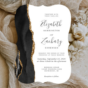 Modern Black Gold Agate Bracket Wedding Invitation