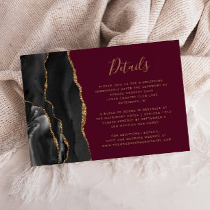 Modern Black Gold Agate Burgundy Wedding Details Enclosure Card