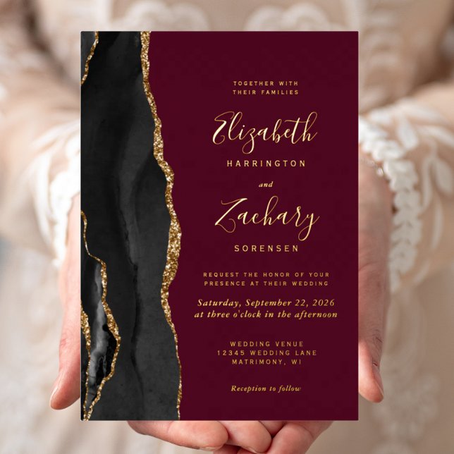 Modern Black Gold Agate Burgundy Wedding Foil Invitation (Creator Uploaded)