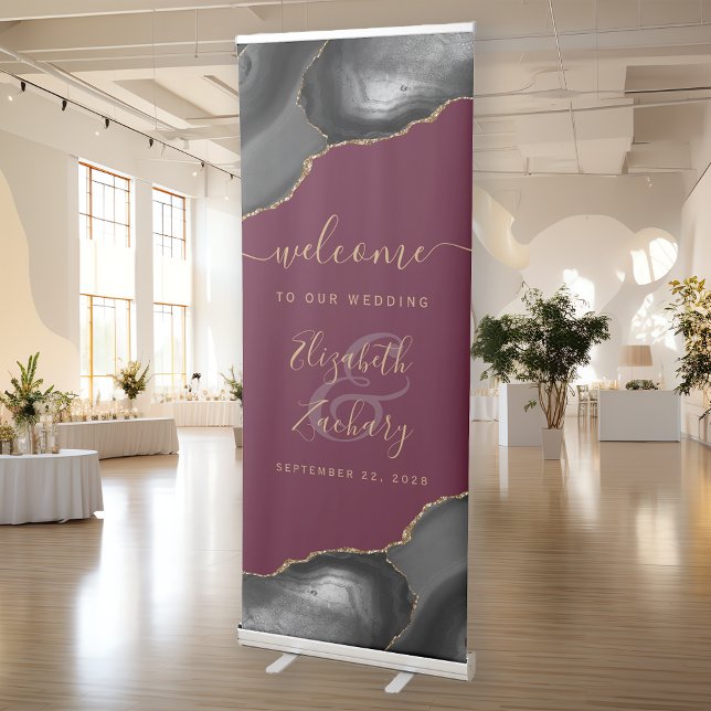 Modern Black Gold Agate Burgundy Wedding Welcome Retractable Banner (Creator Uploaded)