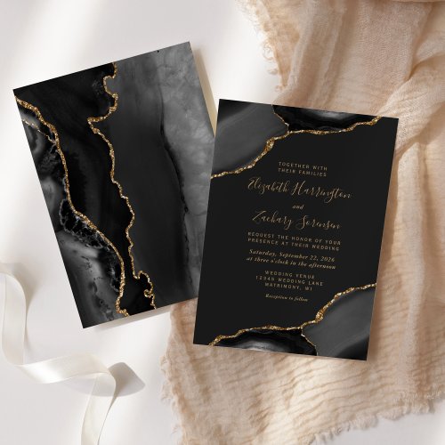 Modern Black Gold Agate Corners Dark Wedding Invitation
