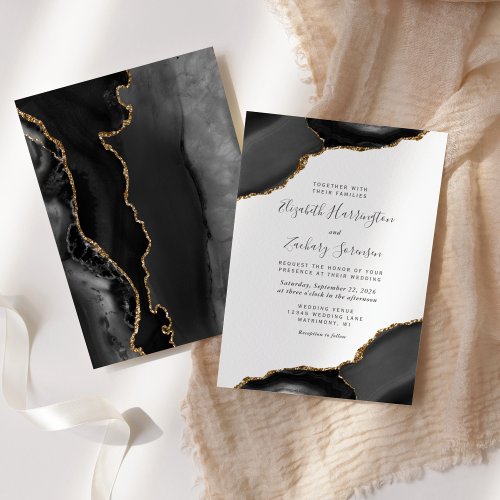 Modern Black Gold Agate Corners Wedding Invitation