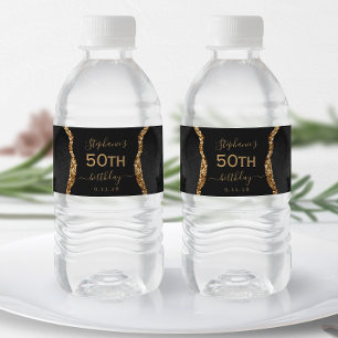 Modern Black Gold Agate Dark 50th Birthday Water Bottle Label